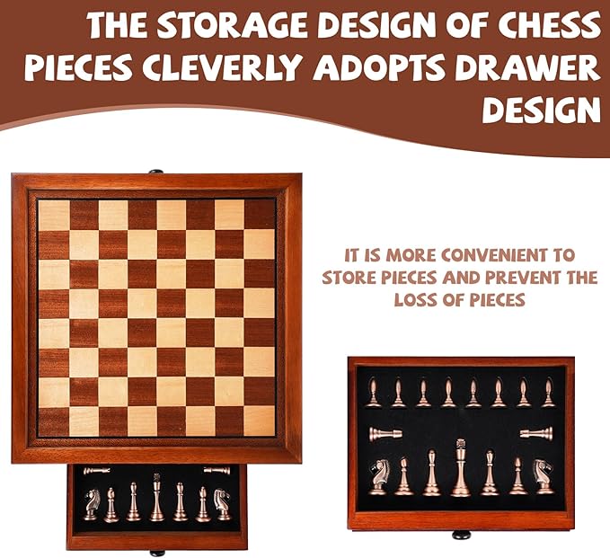 12.5-Inch Wooden Chess Set with Weighted Metal Chess Pieces, Storage Drawer Wooden Chess Board, Includes 2 Extra Queens – Premium Board Games Metal Chess Set for Adults and Chess Enthusiasts