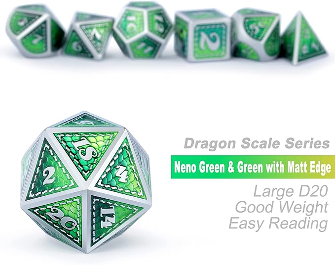 DND Metal Dice Set with Gift Metal Tin DNDND Metallic Dungeons and Dragons Dice Set for D&D Game (Neno Green & Green with Matt Silver Edge)