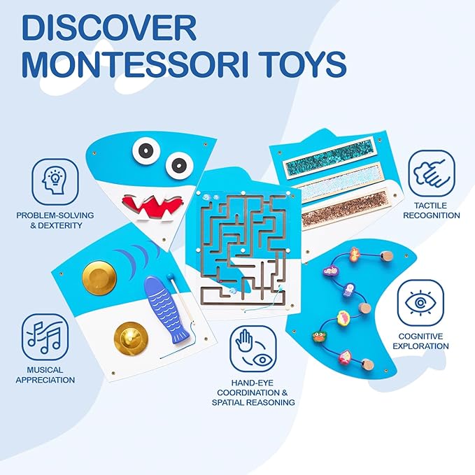 Monläurd® Shark Montessori Busy Board, Sensory Board, Educational Toys, Sensory Wall Panel, Wall Toys, Daycare Furniture, Playroom Furniture, Learning Toys, Boys and Girls 6 M+