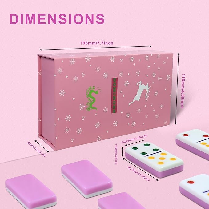 Dominoes Set for Adults, Double 6 Dominos Game Set with 28 Domino Tiles Double with Upscale Gift Boxes -7 Polyhedral Dice -Classic Board Games (Pink)