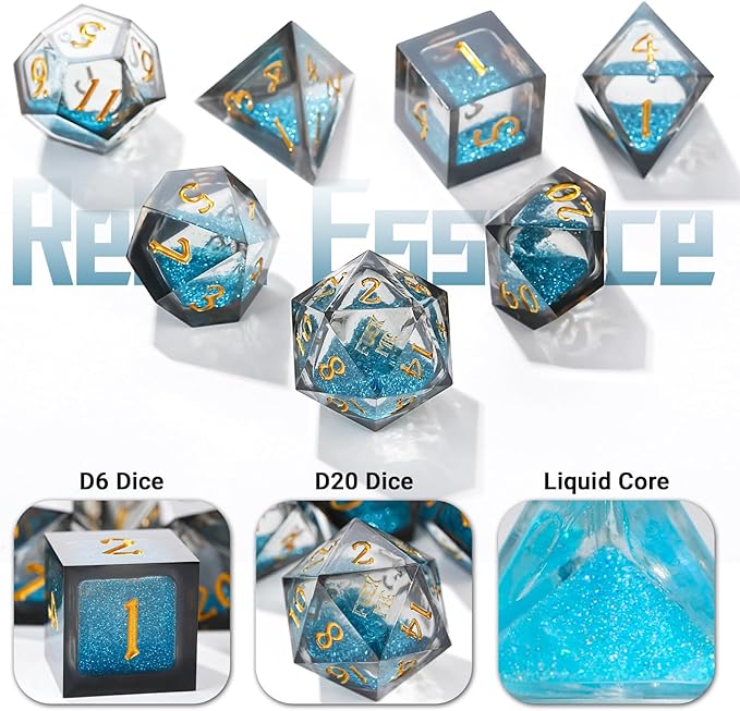 DND Dice Set - Handcrafted Liquid Core Sharp Edge 7-Die Resin Dice with Colorful Quicksand Effect,for DND, RPG, MTG, Tabletop Games(Rebel ESSENC)