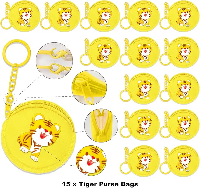 15 Pack Tiger Mini Coin Purses with Keyring for Tiger Jungle Safari Party,Goodie Bag Stuffer,Present for Friends,Creative Souvenirs,Birthday,Yellow