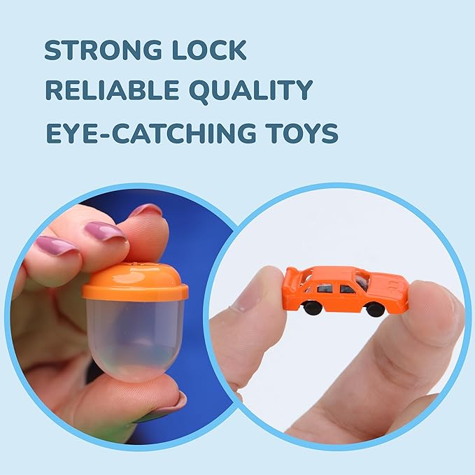 Entervending Racing Car Toys in Capsules - 50 Pcs - 1.1 Inch Plastic Capsules with Mini Racing Cars Toys for Kids inside - Bulk Easter Basket Stuffers Classroom Prizes