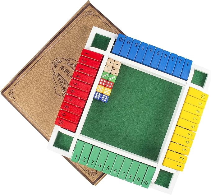 AMEROUS Shut The Box Dice Game-12 inches-Colorful Design-1-4 Players-12 Dice-Gift Package, Classic 4 Sided Wooden Board Game for Adults Kids, Classics Board Game