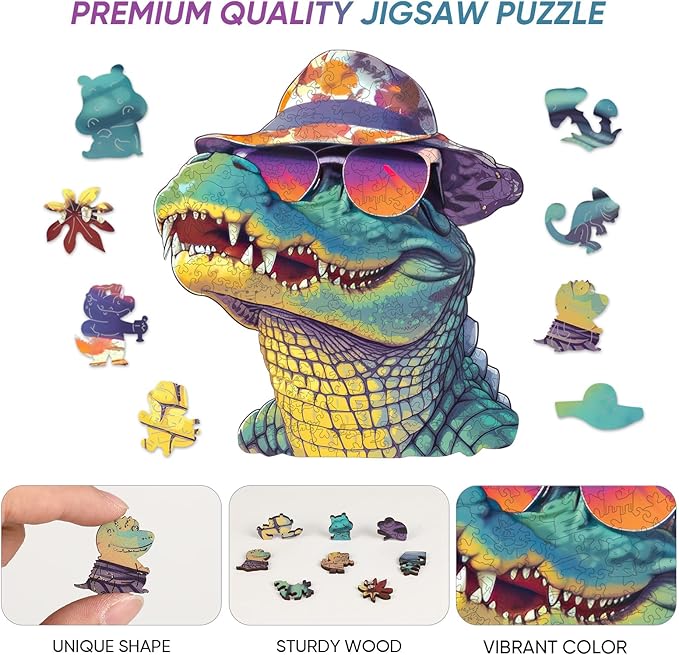 Cool Wooden Puzzle for Adults 500 Piece, Glasses Crocodile Wooden Jigsaw Puzzles, Beautiful Wooden Puzzle with Box Birthday Gifts for Adults and Kids Family Game(16 * 17.6in)