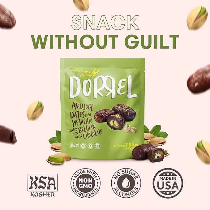Dorrel Belgian Dark Chocolate Covered Medjool Dates Stuffed with Pistachios, Nutritious and Tasty Dark Chocolate Pistachio Nuts, High-Energy Snack, Non-GMO, Kosher, 1 Pack