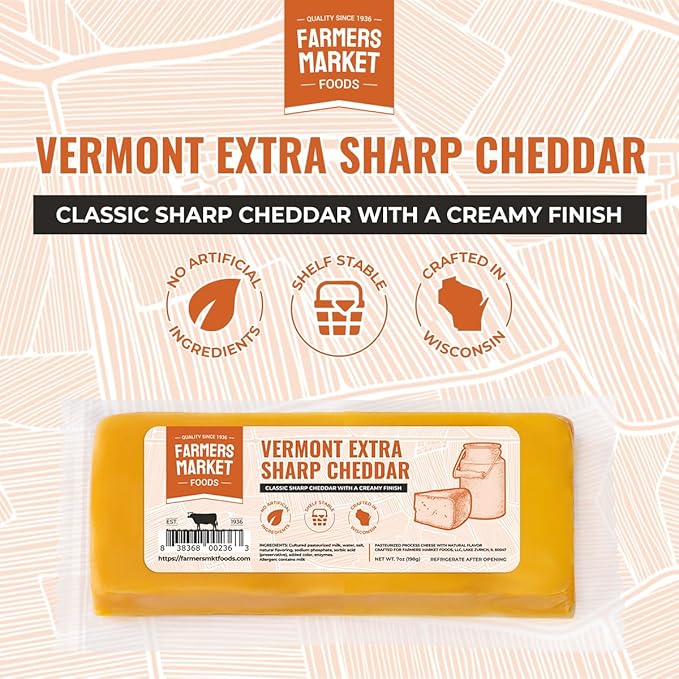 Farmers' Market Vermont Extra Sharp Cheddar Cheese Block 7oz, Shelf Stable, Locally Sourced Wisconsin Cheese, All Natural Cheese Snack, Perfect for Slicing and Shredding, 3-Pack