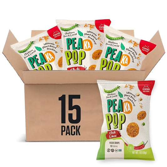 PeaKaPop Veggie Chips – Plant-Based, Healthy Veggie Crisps with Pea, Lentil & Chickpea Protein – Vegan, Gluten-Free, Popped Chips – Snack Size for Kids & Adults – 1 oz Bags (15-Pack) – Chili Lime