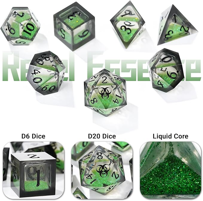 DND Dice Set - Handcrafted Liquid Core Sharp Edge 7-Die Resin Dice with Colorful Quicksand Effect,for DND, RPG, MTG, Tabletop Games(PLRGUE EUXRR)