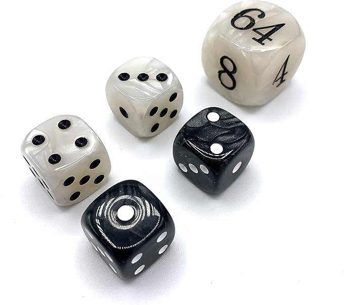 Luck Lab Backgammon Pearl Dice Set - 22 mm Doubling Cube and Four 16 mm Dice with Bonus Storage Bag, Black/White Marbleized