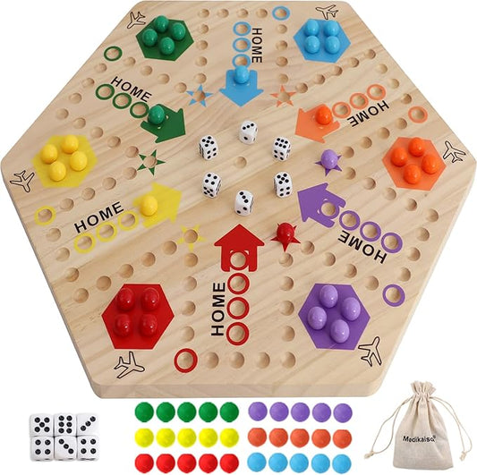Large Size Original Marble Game Solid Wood 20 inch Wahoo Board Game Double Sided Painted Wooden Fast Track for 6 and 4 Players 6 Colors 24 Marbles 6 Dice for Family Friend