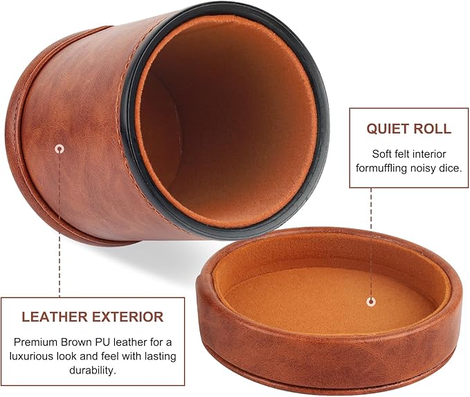 Brown PU Leather Dice Cup with Lid, Velvet Interior Quiet Dice Shaker Cup with 6 Dice for Liars Dice/Farkle/Yahtzee Games, 1 Pack