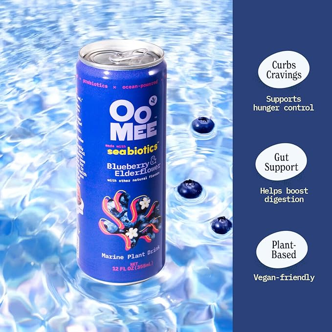 OoMee Prebiotic Drink | Blueberry & Elderflower | Plant-Based Vegan Beverage with Marine-Sourced Agar Prebiotics (Seabiotics) for Digestive & Gut Health Functional Drink – 12oz Cans, 12-Pack