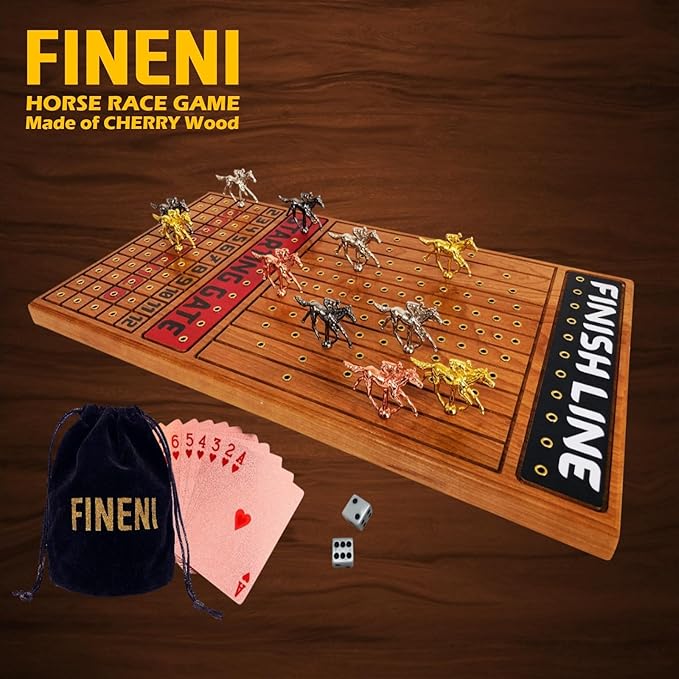 Horse Racing Game for Adults, Horse Race Board Game with 11 Luxurious Metal Horses (Gold, Silver, Black, Rose Gold), 22” Cherry Wood Horse Race Game Board, Dice & RoseGoldCard Included (Cherry)