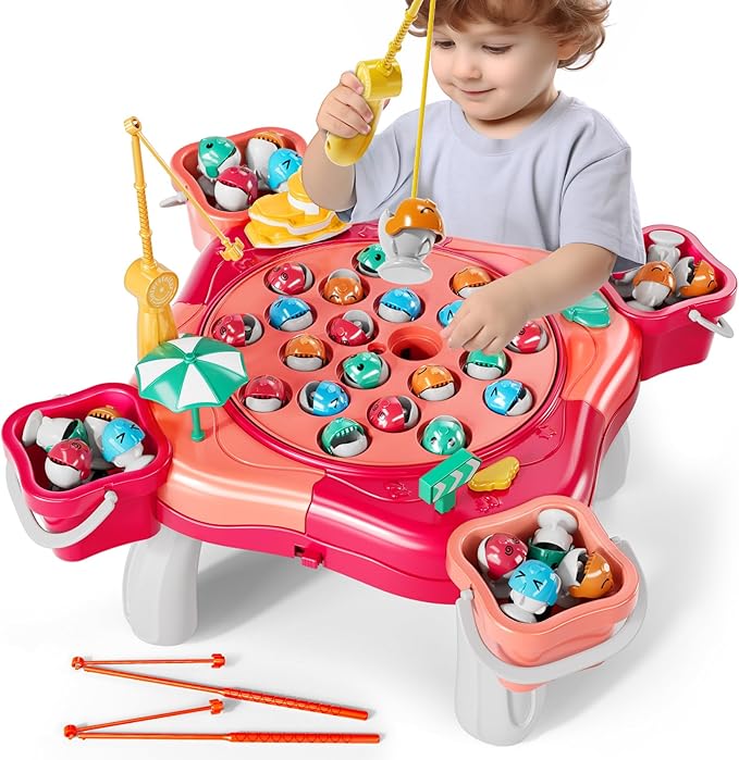 Magnet Fishing Game for Kids Toddlers Aged 3 4 5 6 7 8 - Fishing Toys with 48 Fishes Toys, 8 Poles, Rotating Board Game with On-Off Music, Educational Birthday Gifts for Boys Girls 1-3 (Pink)
