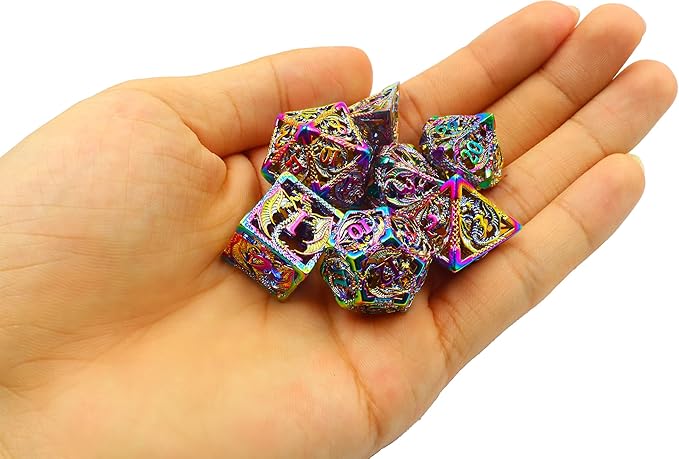 Metal DND Dice Set Dungeons and Dragon Dice Set Hollow Dragon Polyhedral Magic 7 PCS Dice Set with Gift Metal Box for Dungeons and Dragons Table Games Play Cards MTG(Dragon_Colorful)
