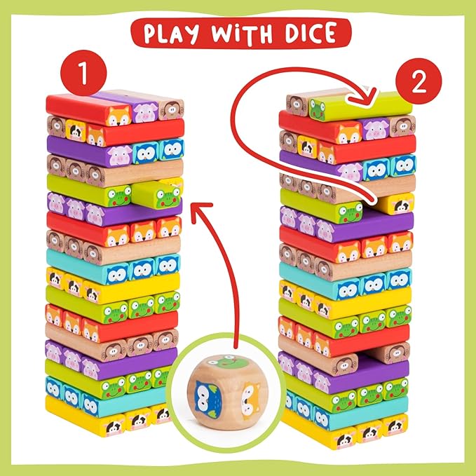 Nene Toys Wooden Tumble Tower Game with Animals & Colors, 4-in-1 Educational Family Board Game for Kids Ages 3-9, Creativity & Cognitive Skills Booster - Gift for Boys Girls 3+ Years