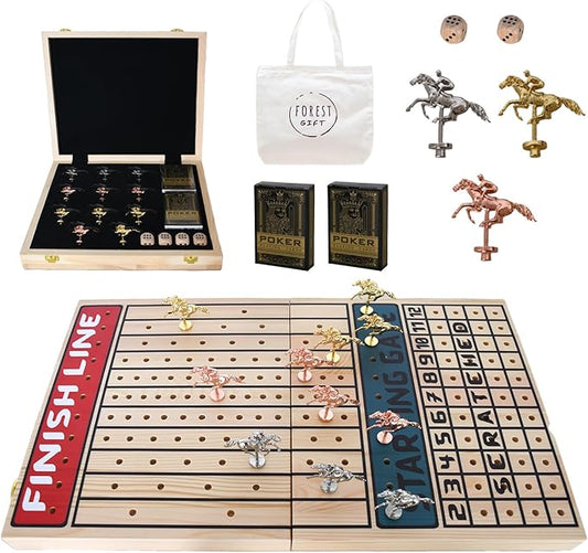 Horse Race Board Game Foldable Horse Racing Board Game with 11 Metal Horses with 4 Solid Wood Dice and 2 Boxes of Cards