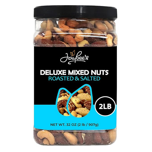 Mixed Nuts Deluxe - Roasted & Salted | 32 oz Reusable Container | Healthy Gourmet Variety Snack Mix with Cashews, Almonds, Brazil Nuts, Pecans, Hazelnuts (No Peanuts) Holiday Gifts | Keto, Vegan Friendly, Healthy Nut Mix | Jaybee's