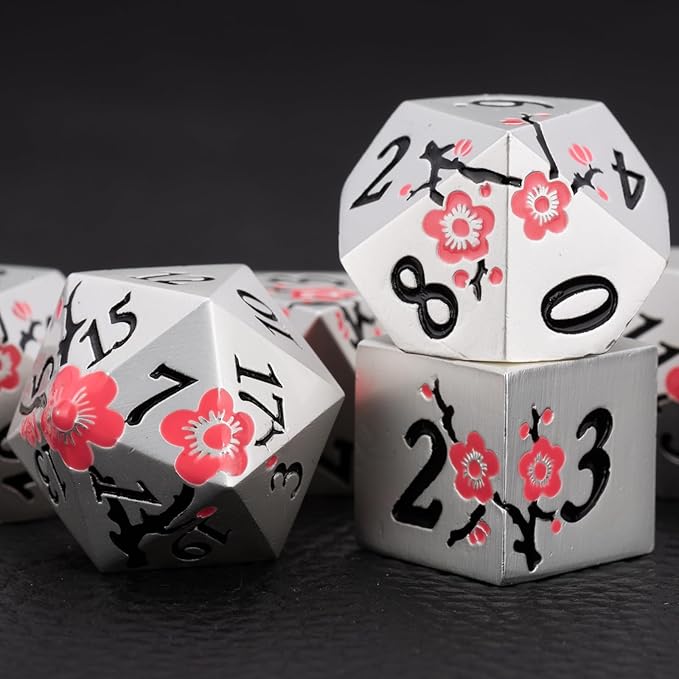 D&D Metal Dice, 7 PCS Flower DND Metal Solid Dice Set with Gift Case for Dungeons and Dragon Tabletop Game (Silver-Pink)
