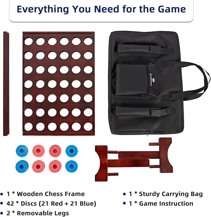 Giant Wooden 4 in A Row Game - Fun Indoor and Outdoor Board Games for Teens, Includes 42 Pcs Dics and Carrying Bag