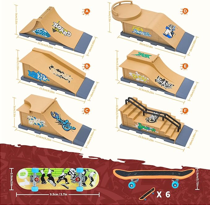 Finger Skateboards Ramp Set, 6 in 1 Fingerboard Skatepark Deck with 6 Ramps, Fingerboard Half Pipe Ramp for Kids Adults Fingerboard Training Props Interactive Freestyle Skate Game, Yellow