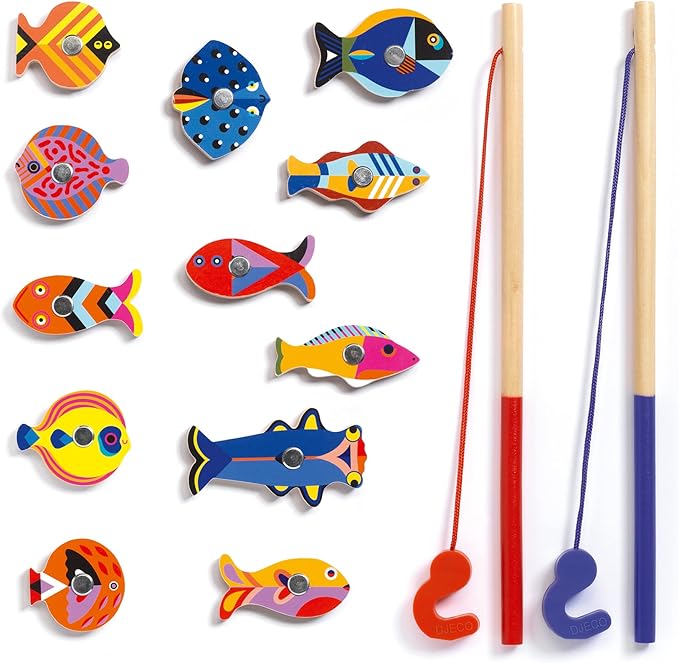 DJECO Fishing Graphic Magnetic Fishing Game - Catch Colorful Sea Creatures - Fun & Engaging for Family & Friends, Perfect for Gift - Wooden Toy for Children 2+ Years Girls & Boys