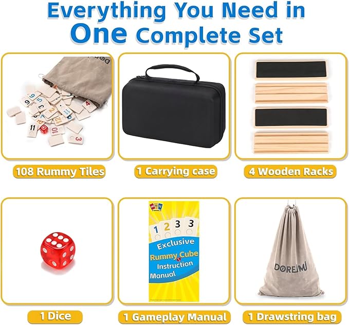 Upgraded Rummy Cube Game Set 4 Players with 4 Wooden Racks & 108 Rummy Tiles | Travel & Family Board Game for Adults and Kids