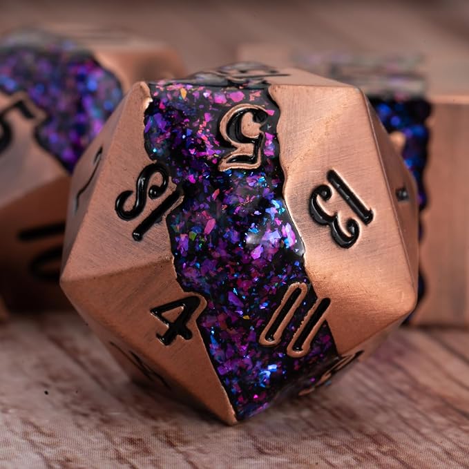 Polyhedral Metal Dice DND,RPG Purple Glitter Stripe Dice Set,Antique Copper Metal Dice Set for Role Playing Games