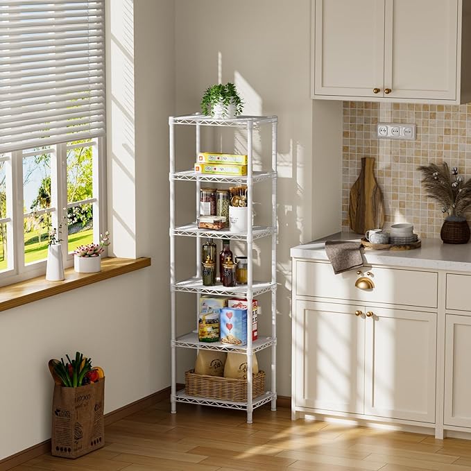 Small 6 tire Shelves Storage Wire Shelving Unit Metal Shelf Adjustable Organizers Storage Shelving for Bathroom Laundry Room Kitchen Pantry10”D x 16”W x 60”H White