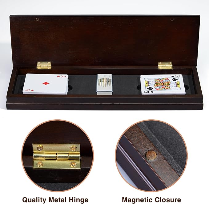 VAMSLOVE Wooden Cribbage Board Game Magnetic 3-Track Scoreboard with Large Slots for Storing 2 Playing Cards and 9 Metal Pegs, Travel Family Game Night (Instruction Included