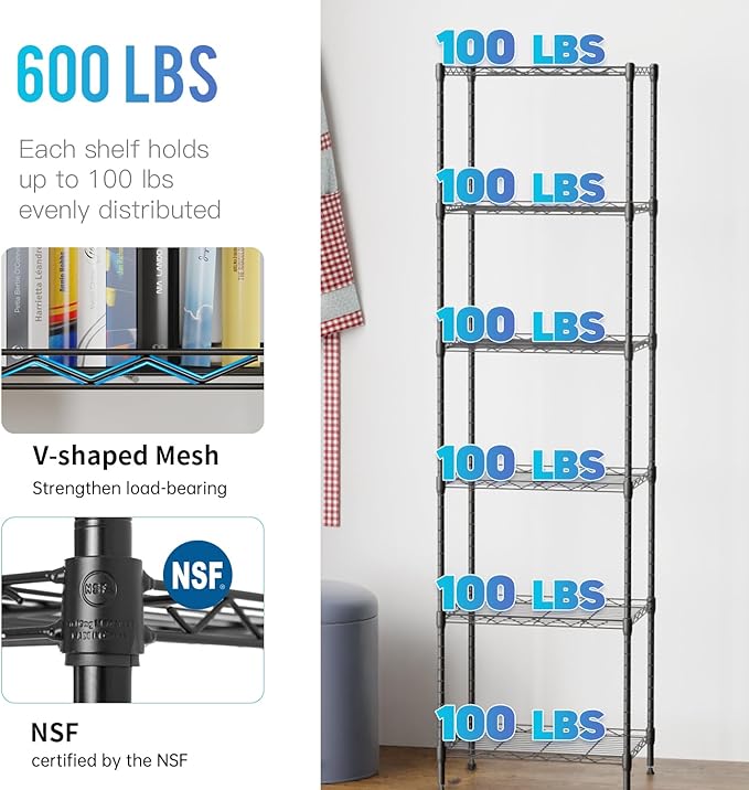 6 Tiers Wire Shelving 12" Dx17 Wx64 H Metal Frame Storage Shelves Easy Setup NSF Certified Storage Shelf Rack Shelf with Leveling Feet for Home Garage Kitchen Pantry, Black