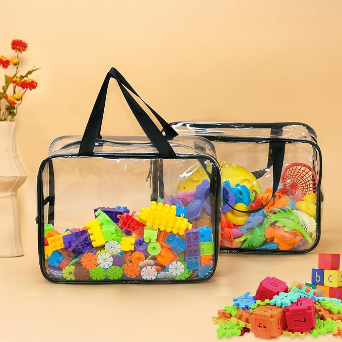 6 Packs Extra Large Toy Storage Bags,12.6 * 9.25 * 6.9 IN Clear Waterproof Toy Organizer Bags with Labels, Dual Zippers and Portable Handheld Design, Board Game Storage for Building Blocks, Puzzle