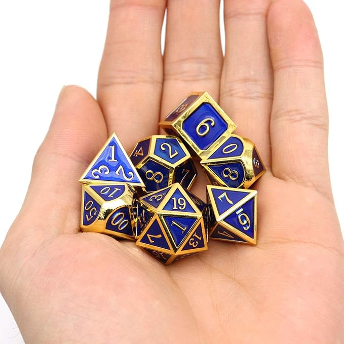 Haxtec Metal DND Dice Set 7 Die Gold Blue Metal D&D Dice for Dungeons and Dragons Games-Glossy Enamel Dice (Gold Blue)
