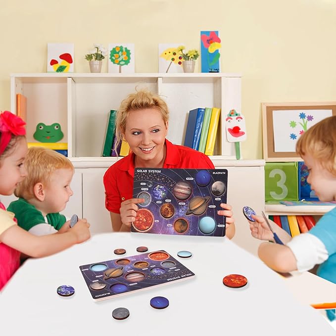 Solar System Wooden Puzzle Toy Model for Kid 3-5, Toddler Montessori Movable Planet Name Board Game, Outer Space Themed Imaginary Sensory Play Gift, Preschool Science Stem Learning Activity