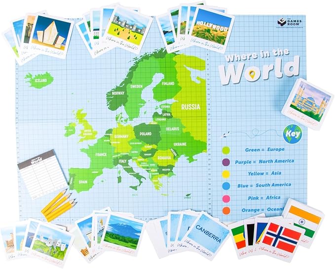 Fizz Creations Where in The World? Game. Put Your Geographical Knowledge to The Test. Use Your Skills to Match Flags, Locate Landmarks and Countries on The Map. Trivia Fun Board Games.