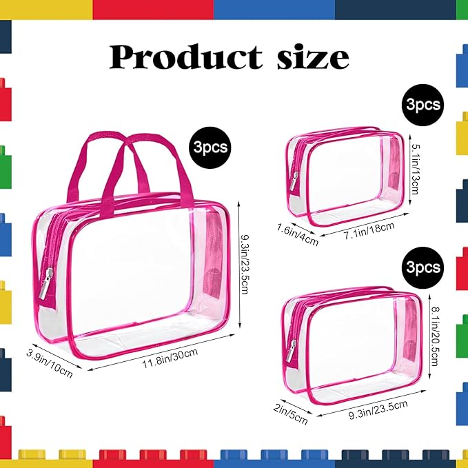 9 Packs Clear PVC Toy Storage Bags Toiletry Bags Waterproof Kids Zippered Toy Organizing Bags for Building Blocks Puzzle Stationery Rose