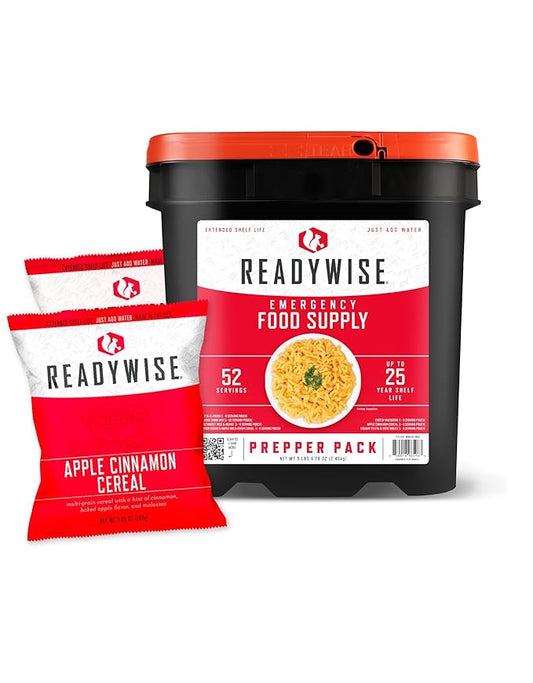 ReadyWise Prepper Pack Bucket - 52 Servings Emergency Food Supply, Survival Kit, Protein Meals, Dehydrated & Freeze Dried Food, Ready to Eat Camping Essentials, up to 25 Year Shelf Stable Life
