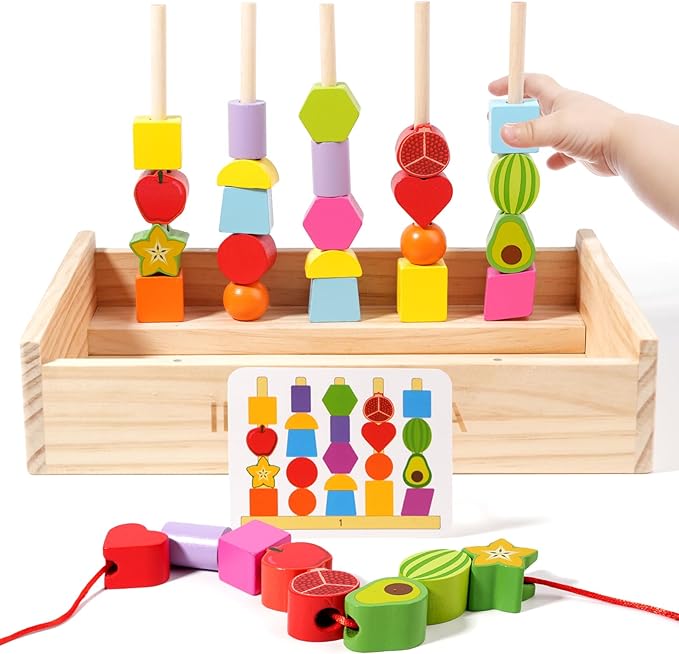 Toddler Learning Montessori Toys for 3 4 5 6 Year Old,Rainbow Stacking & Lacing Beads & Matching Shape Stacker - Wooden Peg Board Beads Sequencing Toy Set - Fine Motor Skills Toys for Boys & Girls