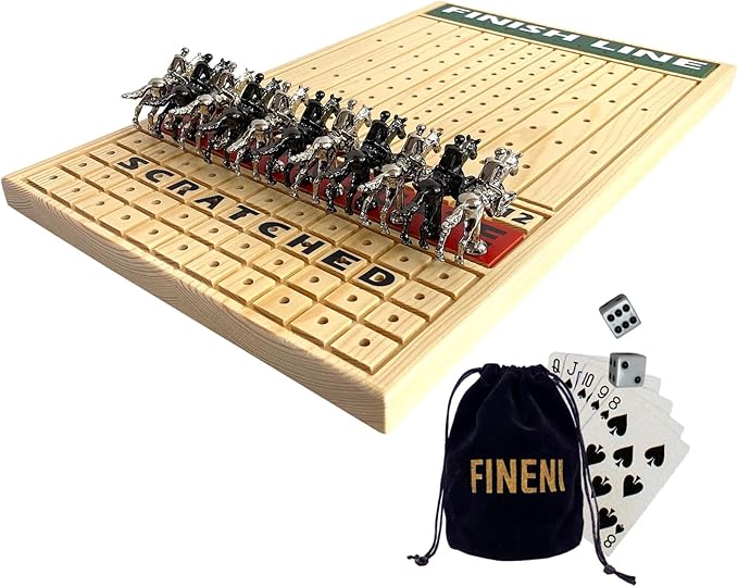 Horse Racing Game for Adults, Luxurious Metal Horses (Silver, Black) on 16' Pine Wood Board, Dice & Card Included