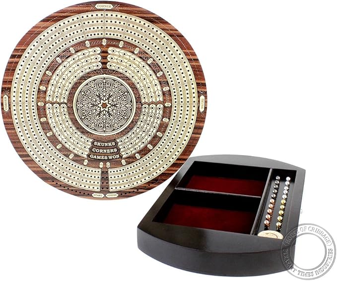 10" Round Shape 4 Tracks Continuous Cribbage Board - Rosewood/Maple - Push Drawer with Score Marking Fields for Skunks, Corners & Won Games