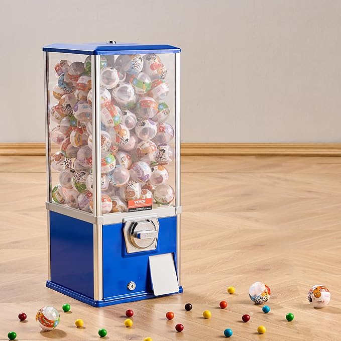 VEVOR Gumball Machine for Kids, 25" Height Home Vending Machine, PS Bouncy Balls Dispenser, Hold 230 Capsule Toys, Rectangle Bubble Gum Machine for Game Stores, Coin Operated Gumball Bank, Blue