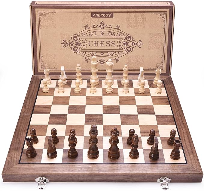 AMEROUS 15 Inches Magnetic Wooden Chess Set with 2 Extra Queens/Folding Board/Chess Pieces Storage Slots/Instructions, Portable Travel Chess Game for Beginner/Classic Board Game