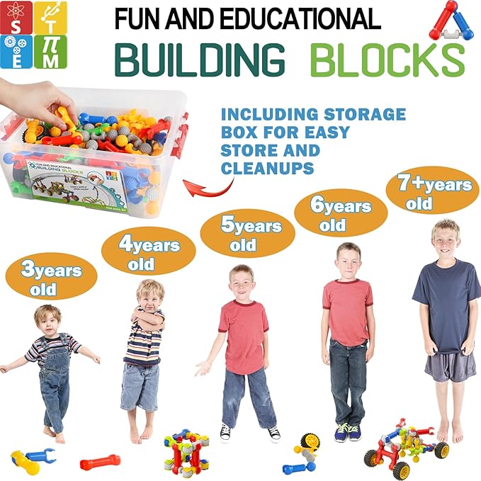 Stem Kids Building Toys for Ages 6-8 Boys Girls, 125 PCS Building Blocks Games for Boys 3-5, Educational Learning Toys for 3 4 5 6 7 8 Year Old, with Large Storage Box, Ideal Christmas Birthday Gifts