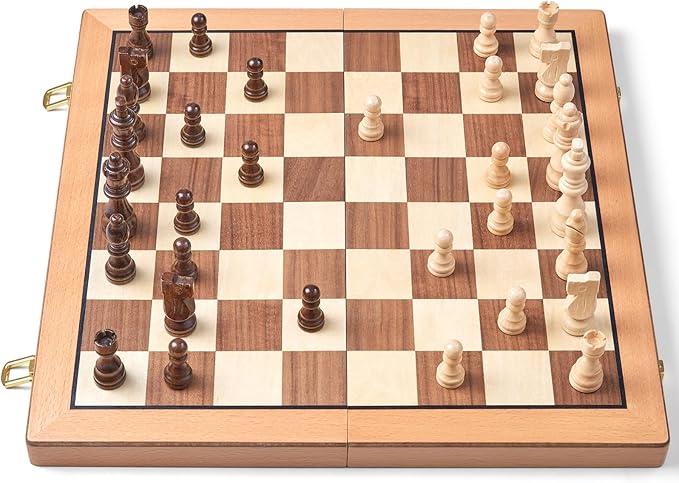 AMEROUS Magnetic Wooden Chess Set, 15 Inches Handmade Wooden Folding Travel Chess Board Game Sets with Chessmen Storage Slots for Kids and Adults, 2 Bonus Extra Queens, Gift Box Packed