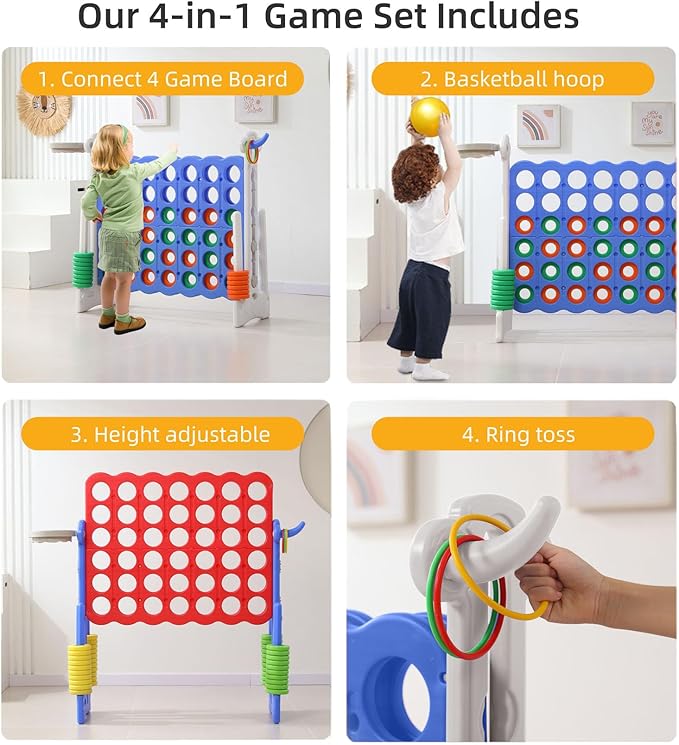 UNICOO® Height Adjustable Jumbo 4-to-Score Game, 4 in A Row Game with Basketball Hoop, Ring Toss, Carrying Bag, Indoor Outdoor Yard Game, Parties & Family Gatherings