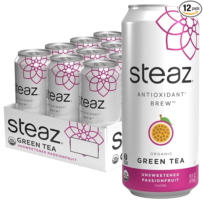 Steaz - Organic Green Tea - Unsweetened Passionfruit (12 Pack) - Antioxidant Brew - 65mg Natural Caffeine, Zero Sugar, 0 Calories, Vitamin C - Unsweetened Iced Tea - Vegan - 12 Cans, 16 fl oz (473mL)