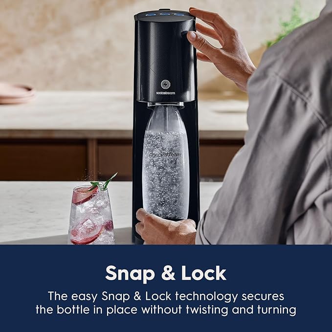 SodaStream - E-TERRA Soda Maker | VALUE BUNDLE | 3 Automatic Carbonation Levels | Includes 2x CO2 Cylinders, 3x 32 Fl Oz Dishwasher Safe Bottles, 2x Bubly Fruit Flavor Drops, 1x Power Adapter | Black