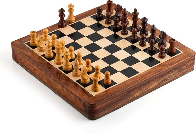 12" Non Folding Magnetic Ebony & Golden Rosewood Chess Set with Leather Bag (Chess Set Without Algebraic Notation)