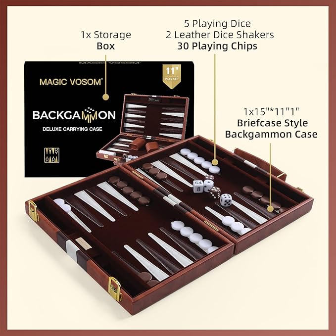 Travel Small 11 Inch Backgammon Set Classic Board Game with Leather Make Board Gift Package, Portable Strategy Game Set for Adults, Kids (Brown, Small)